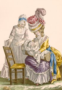 パタスが刻印した、メイドが見ている子供に母乳をあげているエレガントな女性、「Galeries des Modes et Costumes Francais」のプレートno.142、c.1778-87 99：衣類。伝統的なドレス; 作： Pierre Thomas Le Clerc